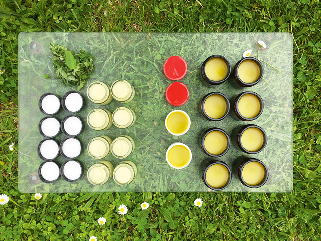 verschiedene kleine, runde Gefäße mit Naturkosmetik gefüllt